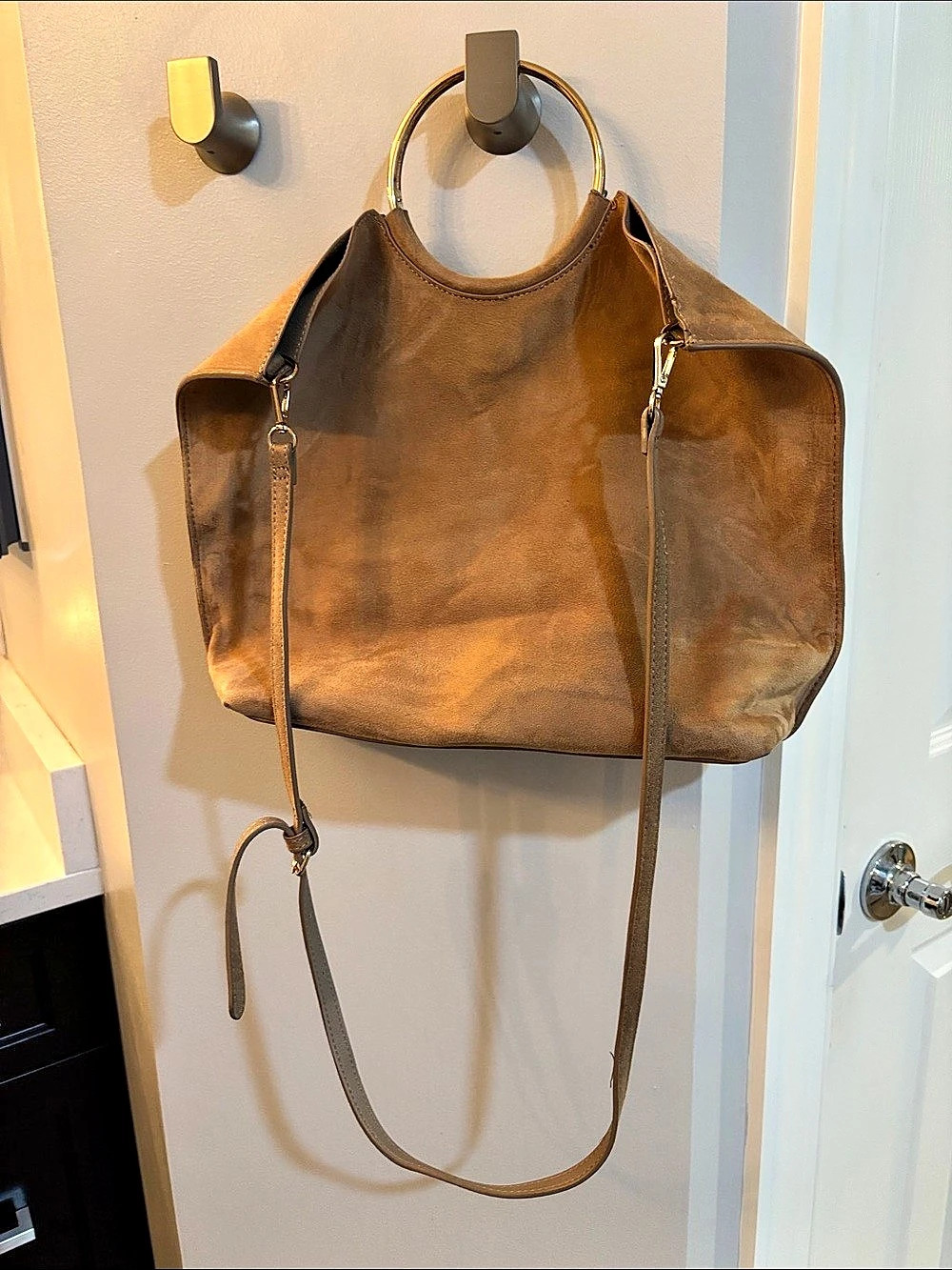 Banana Republic Suede-Look Ring Handle Convertible Crossbody Tote Brown Bag